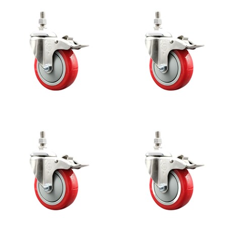 Service Caster 4 Inch 316SS Red Polyurethane Wheel Swivel 1/2 Inch Stem Caster Set Lock Brake SS316TSTTL20S414-PPUB-RED-121315-4